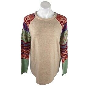 Easel Women Small Santa Fe Sweater Tan Southwestern Pattern Soft Casual
